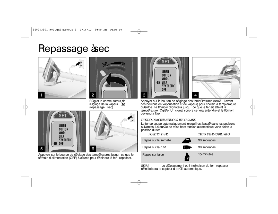 Hamilton Beach 19900 manual Repassage à sec, Détection DE MOUVEMENT/MISE Hors Tension Automatique 