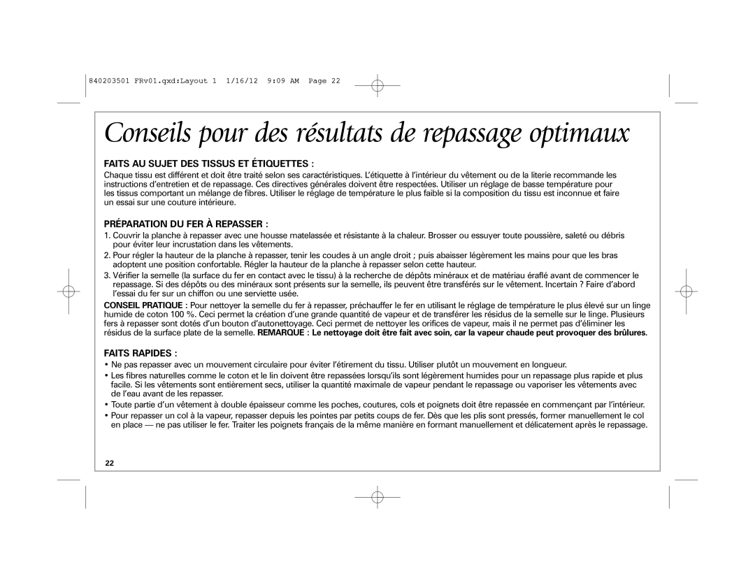 Hamilton Beach 19900 manual Conseils pour des résultats de repassage optimaux, Faits AU Sujet DES Tissus ET Étiquettes 