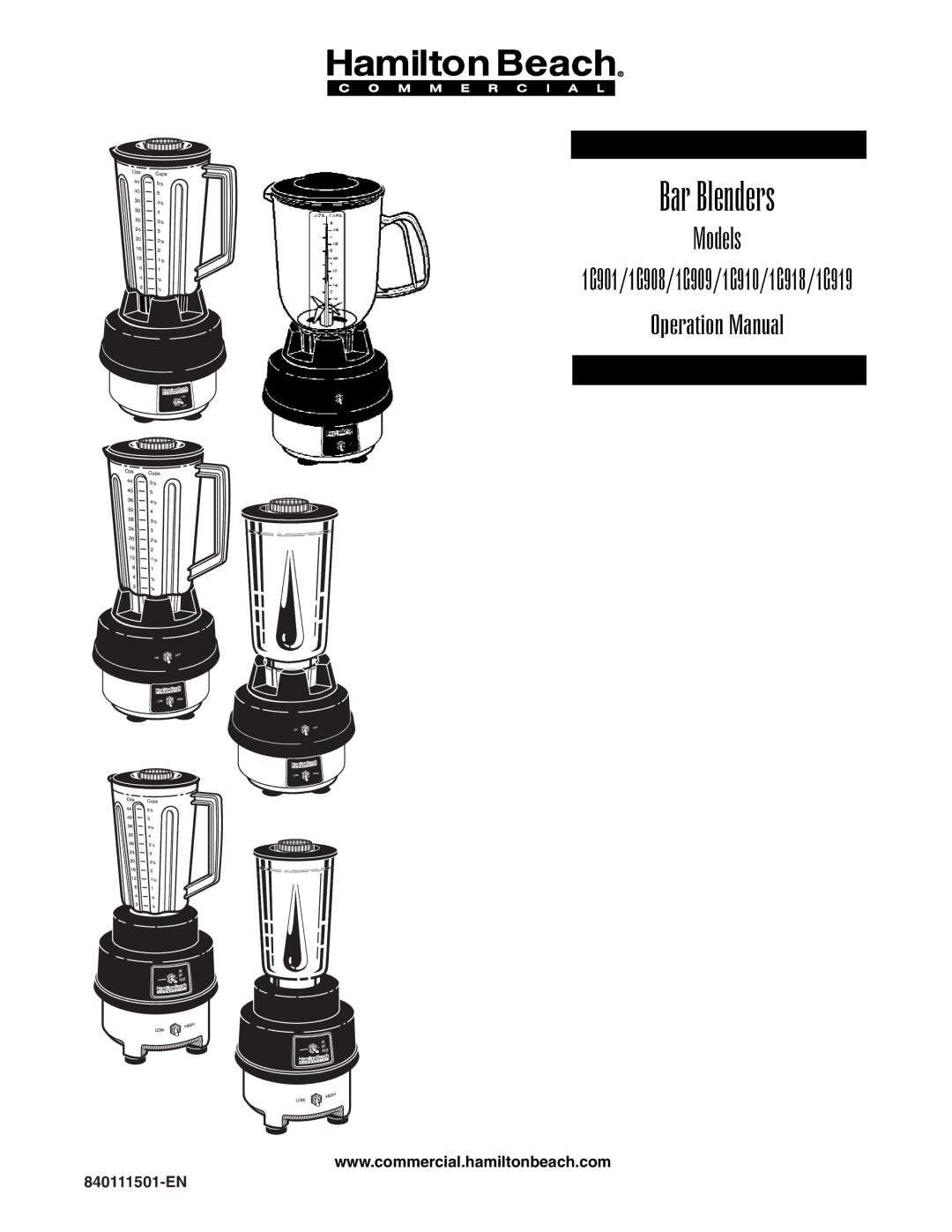 Hamilton Beach 1G901 operation manual Bar Blenders 