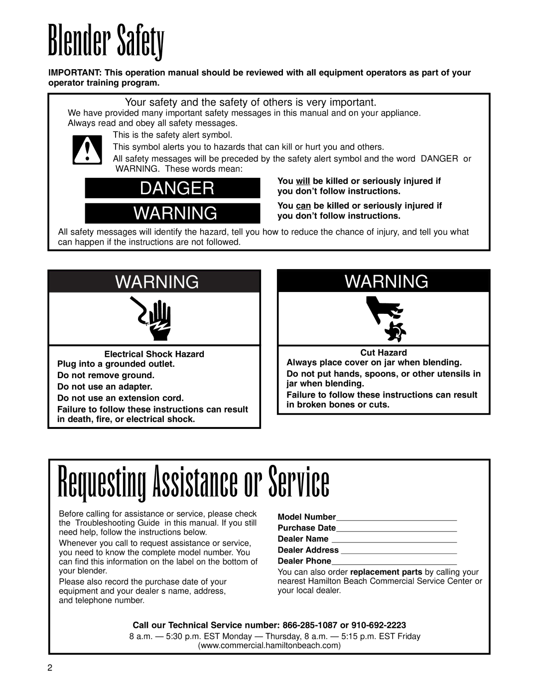 Hamilton Beach 1G901 operation manual Blender Safety, Your safety and the safety of others is very important 