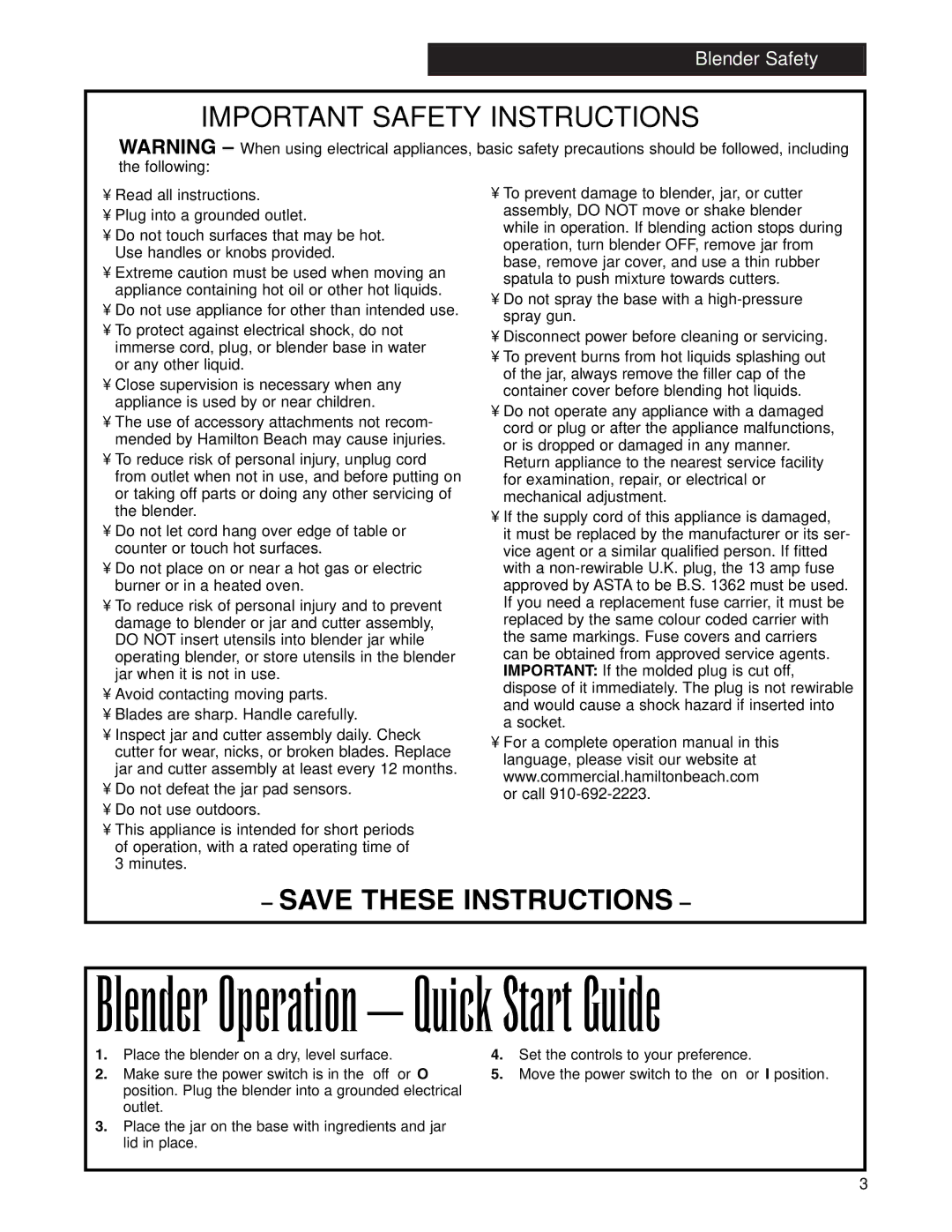 Hamilton Beach 1G901 operation manual Blender Operation Quick Start Guide 