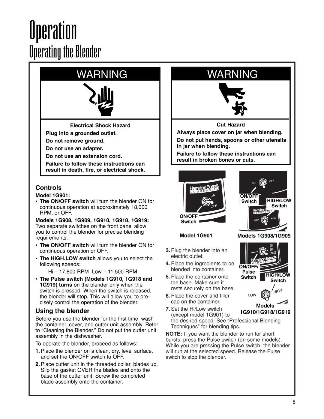 Hamilton Beach 1G901 operation manual Operation, Operating the Blender, Controls, Using the blender 