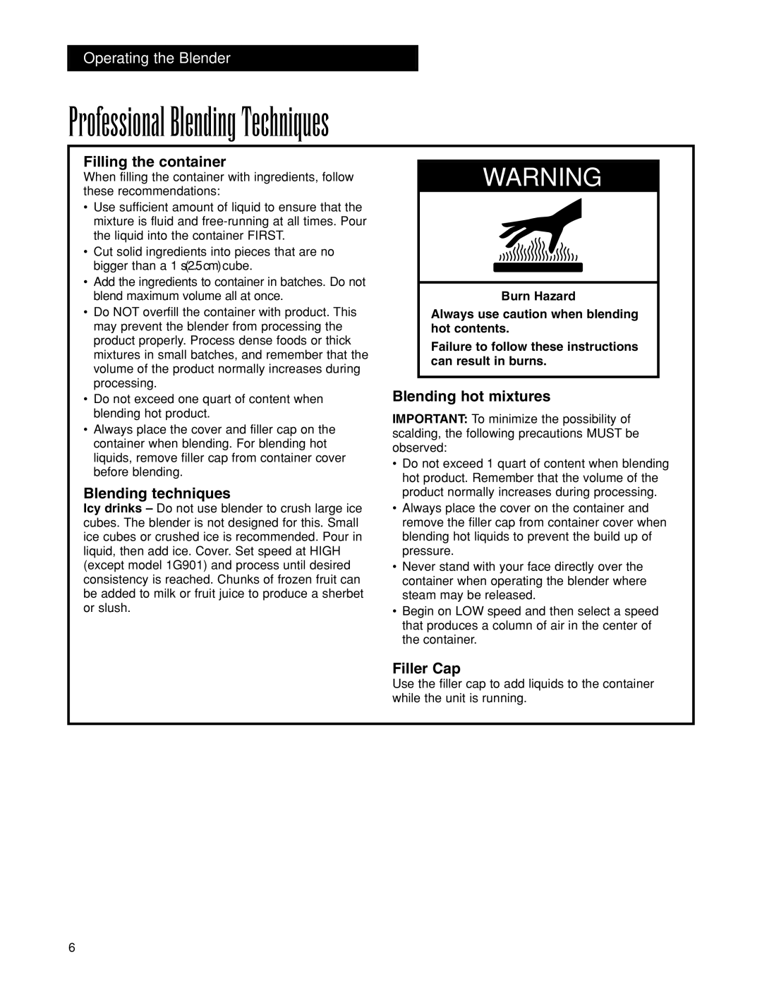 Hamilton Beach 1G901 Professional Blending Techniques, Filling the container, Blending techniques, Blending hot mixtures 