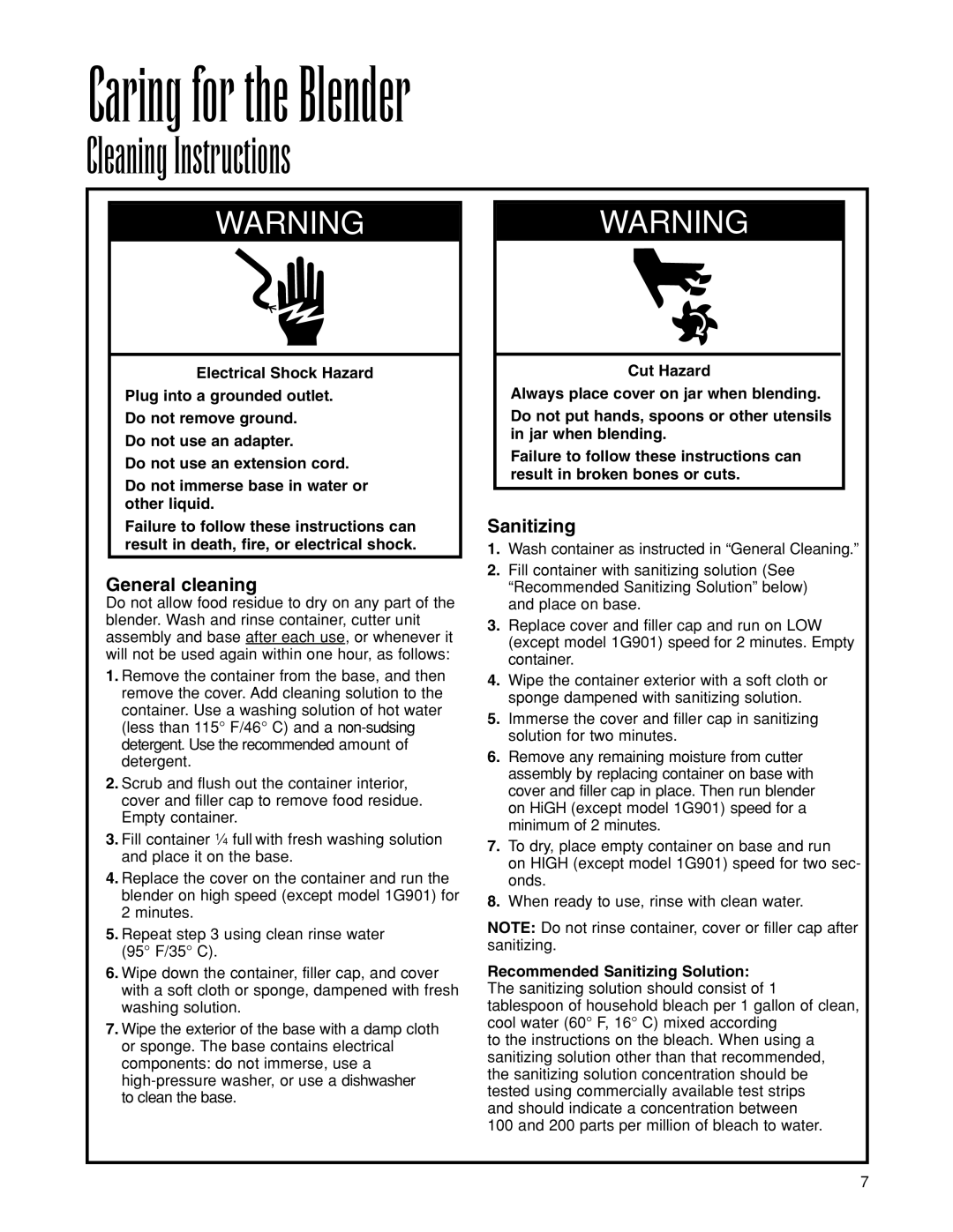 Hamilton Beach 1G901 operation manual Caring for the Blender, Cleaning Instructions, General cleaning, Sanitizing 