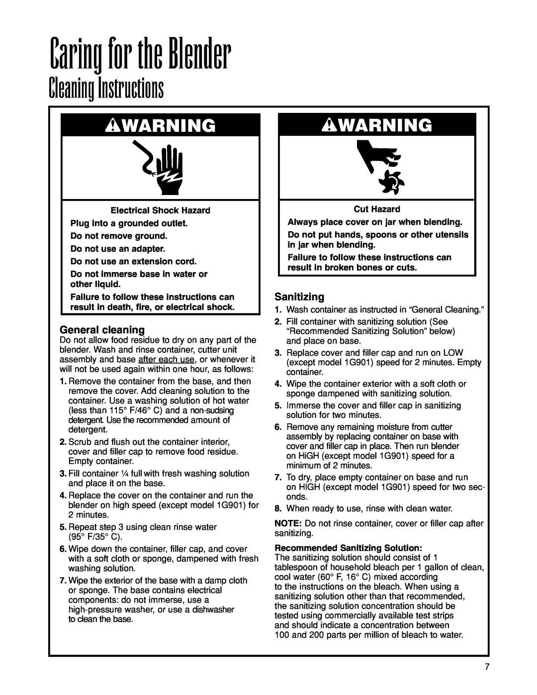 Hamilton Beach 1G901 operation manual Caring for the Blender, Cleaning Instructions, General cleaning, Sanitizing, wWARNING 