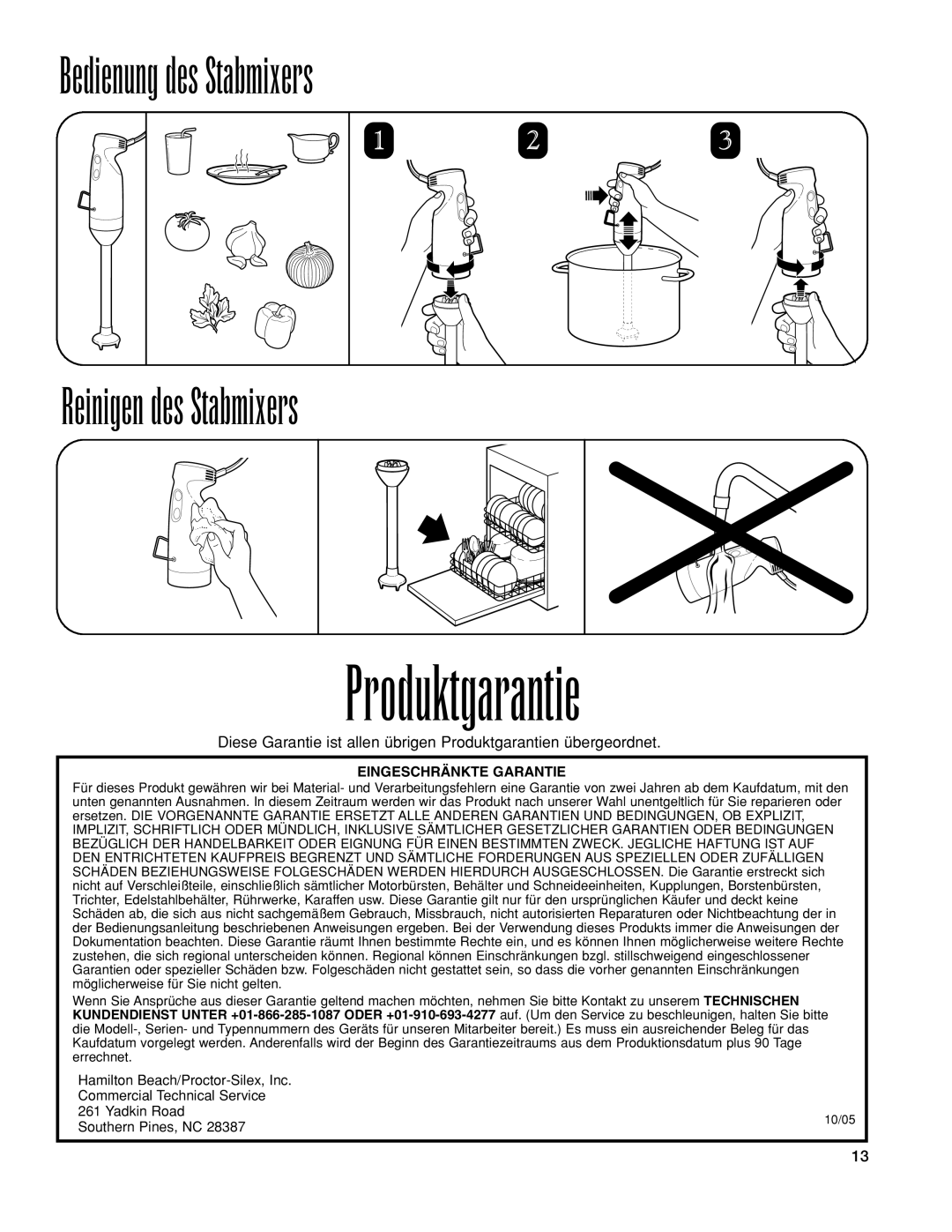 Hamilton Beach 1GHMI 200 operation manual Produktgarantie, Eingeschränkte Garantie 