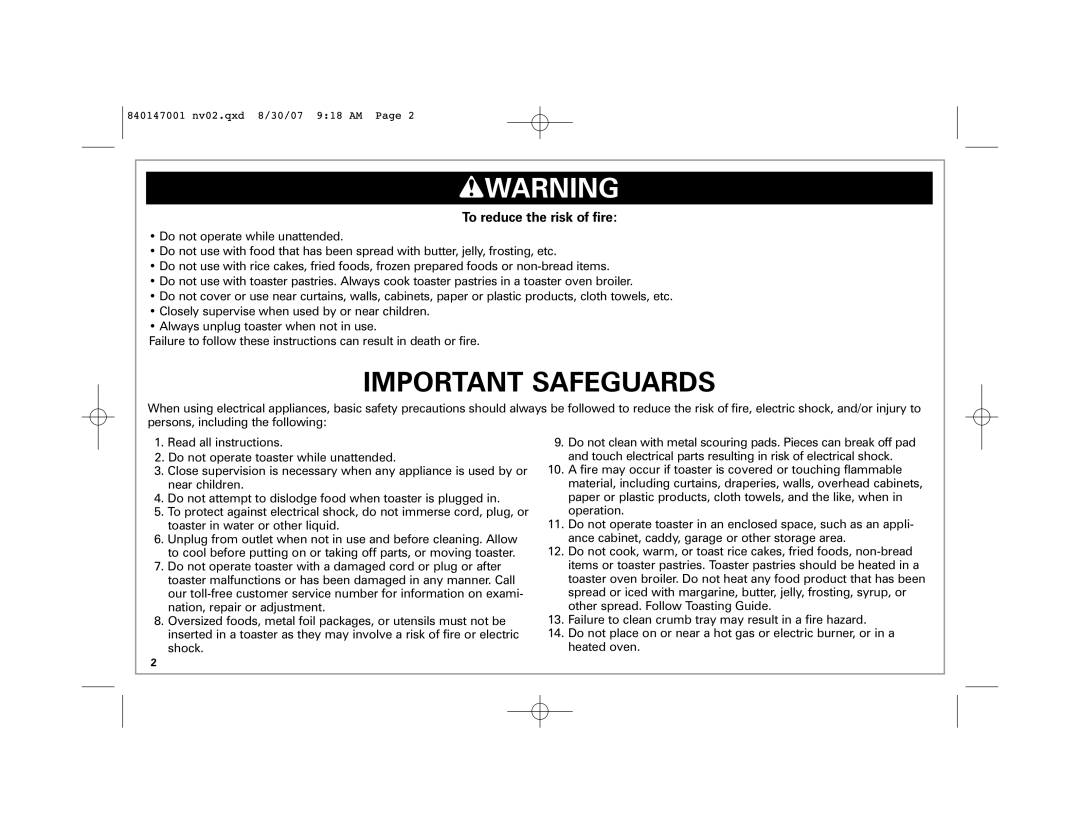 Hamilton Beach 2-Slice Toaster manual Wwarning, To reduce the risk of fire 