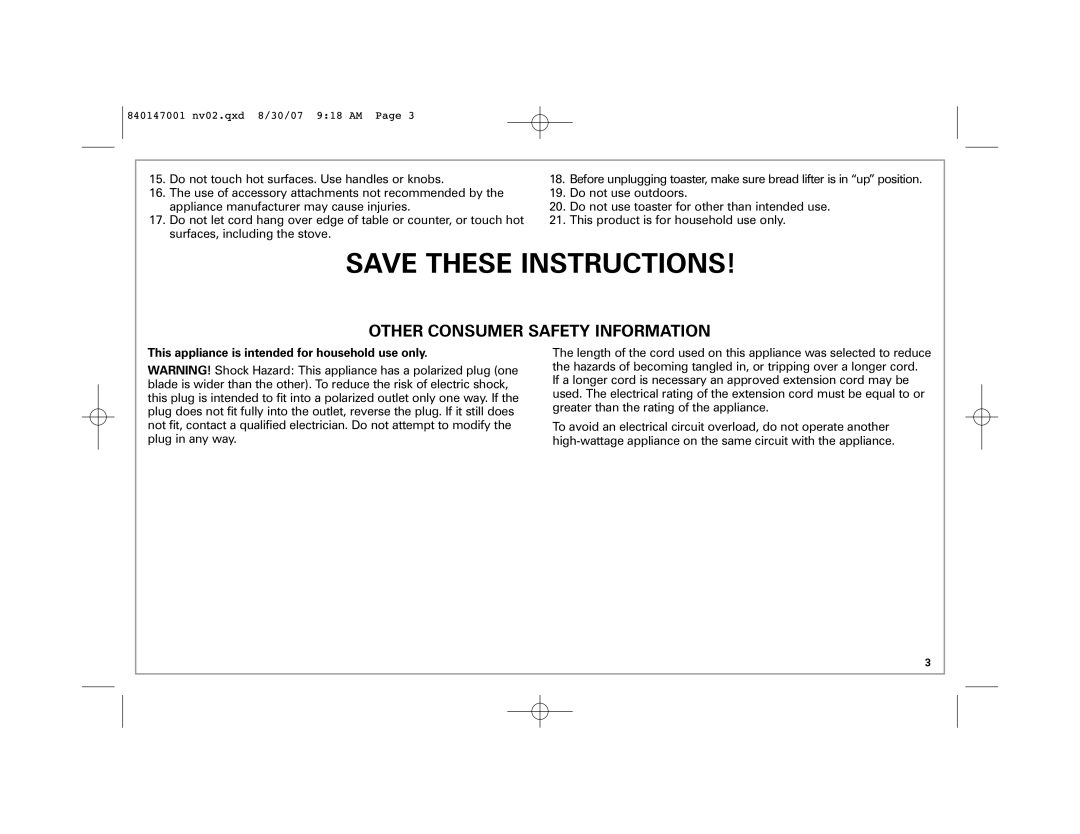 Hamilton Beach 2-Slice Toaster manual Other Consumer Safety Information, This appliance is intended for household use only 