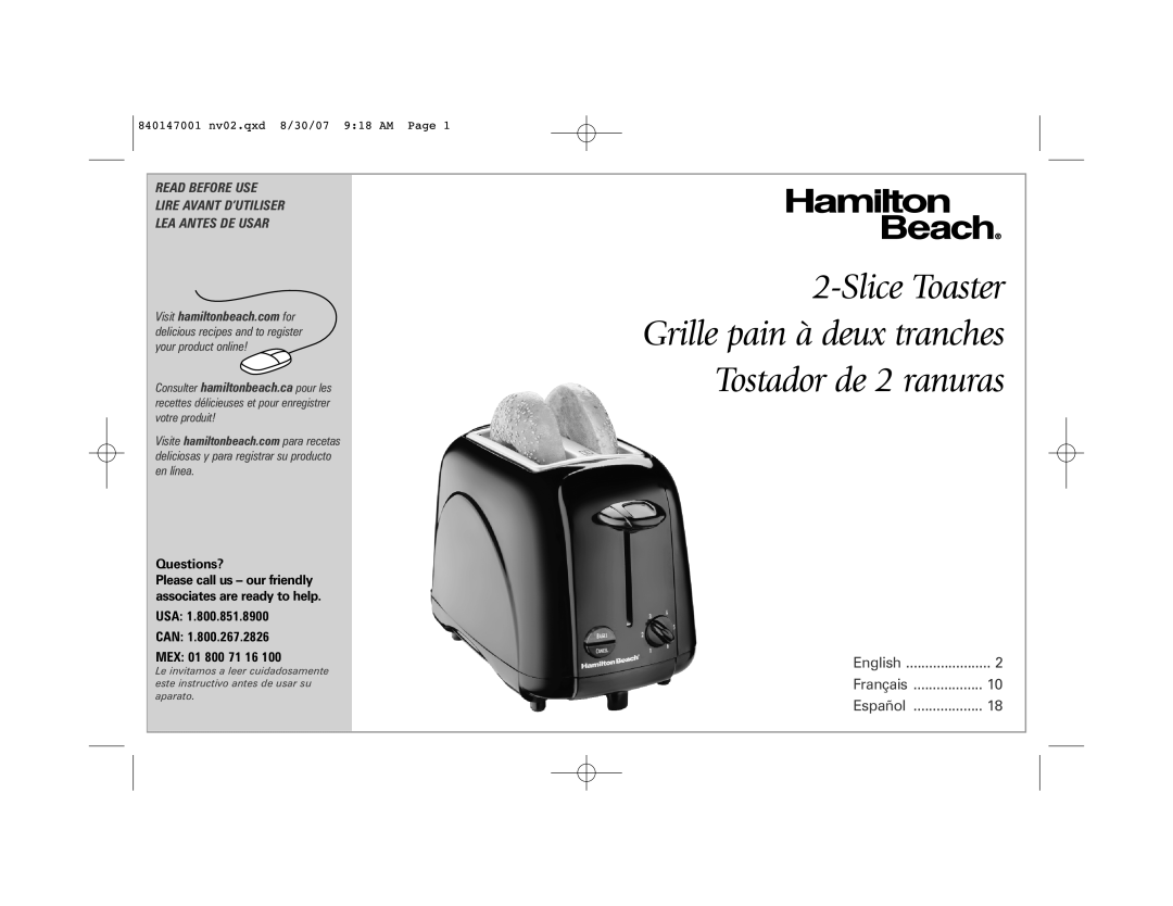 Hamilton Beach 2-Slice Toaster manual Questions?, USA CAN MEX 01 800, English, Français, Español 