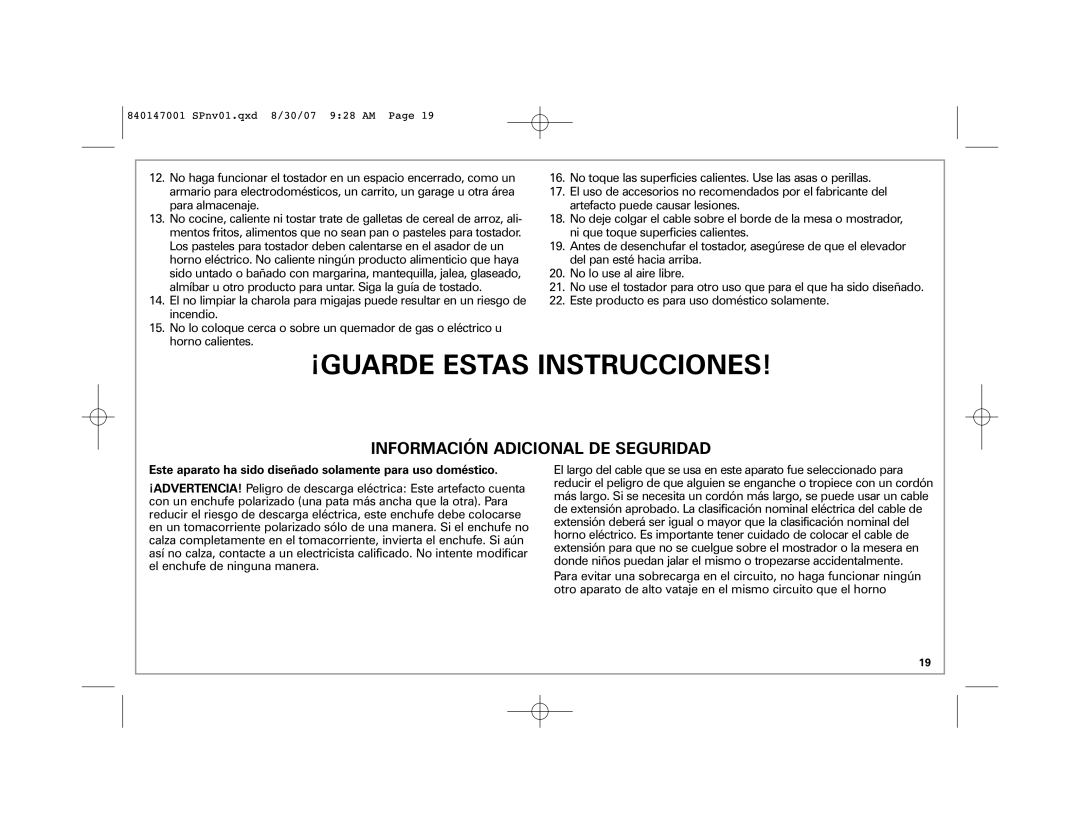 Hamilton Beach 2-Slice Toaster manual ¡Guarde Estas Instrucciones, Información Adicional De Seguridad 