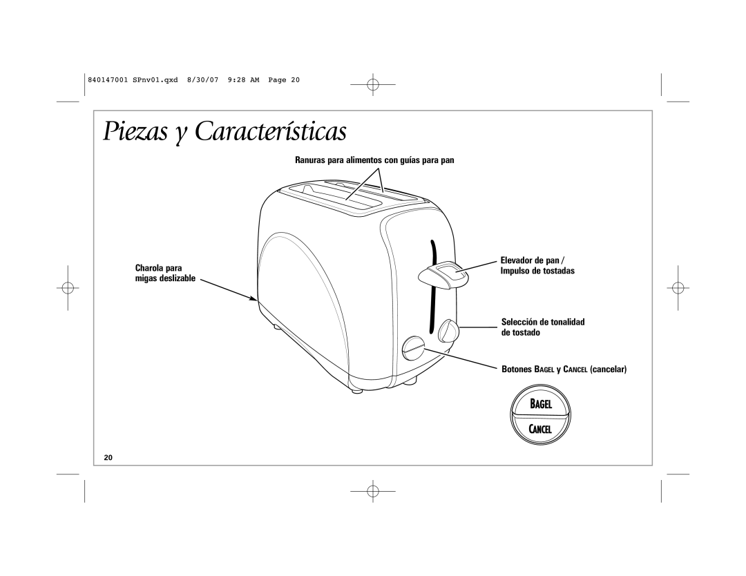 Hamilton Beach 2-Slice Toaster manual Piezas y Características, Ranuras para alimentos con guías para pan, Bagel, Cancel 