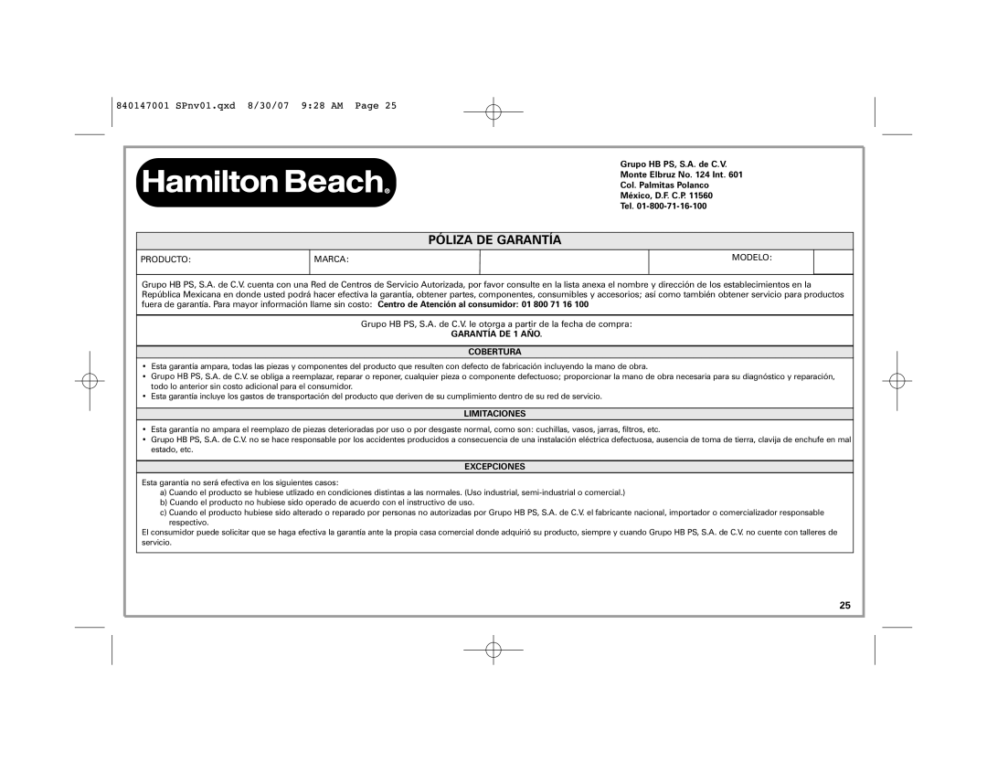 Hamilton Beach 2-Slice Toaster manual Póliza De Garantía, SPnv01.qxd 8/30/07 928 AM Page, GARANTÍA DE 1 AÑO COBERTURA 