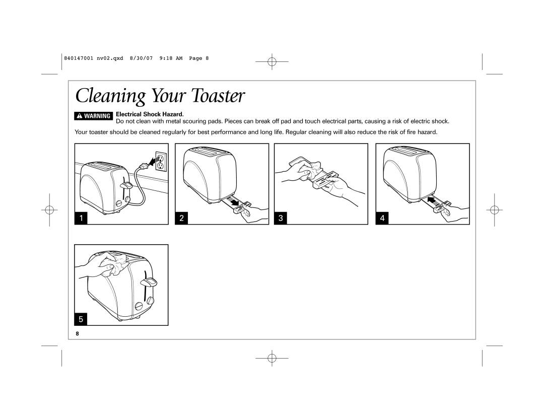 Hamilton Beach 2-Slice Toaster manual Cleaning Your Toaster, w WARNING Electrical Shock Hazard 