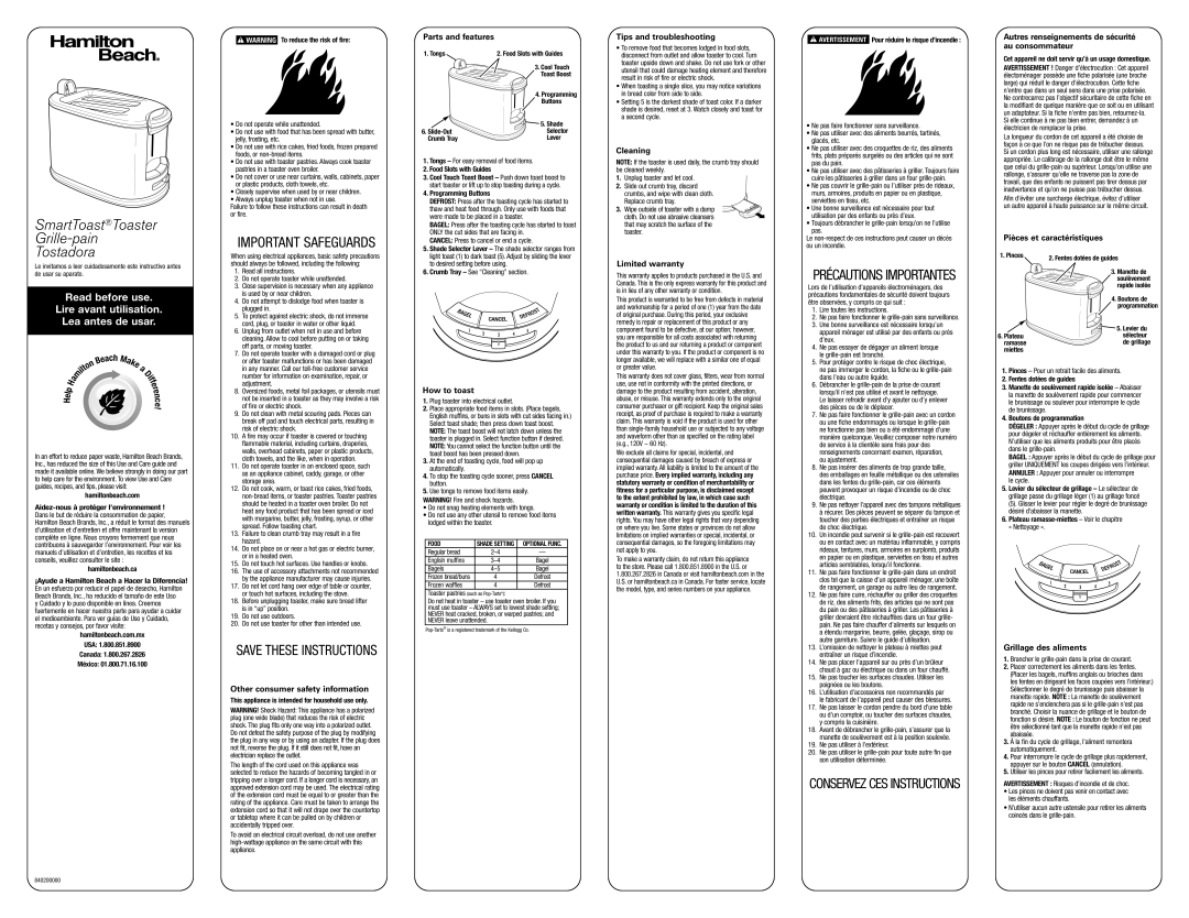 Hamilton Beach 22323 warranty Other consumer safety information, Parts and features, How to toast, Cleaning 