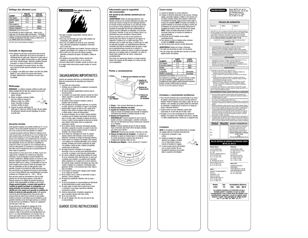 Hamilton Beach 22323 Grillage des aliments suite, Conseils et dépannage, Información para la seguridad del consumidor 