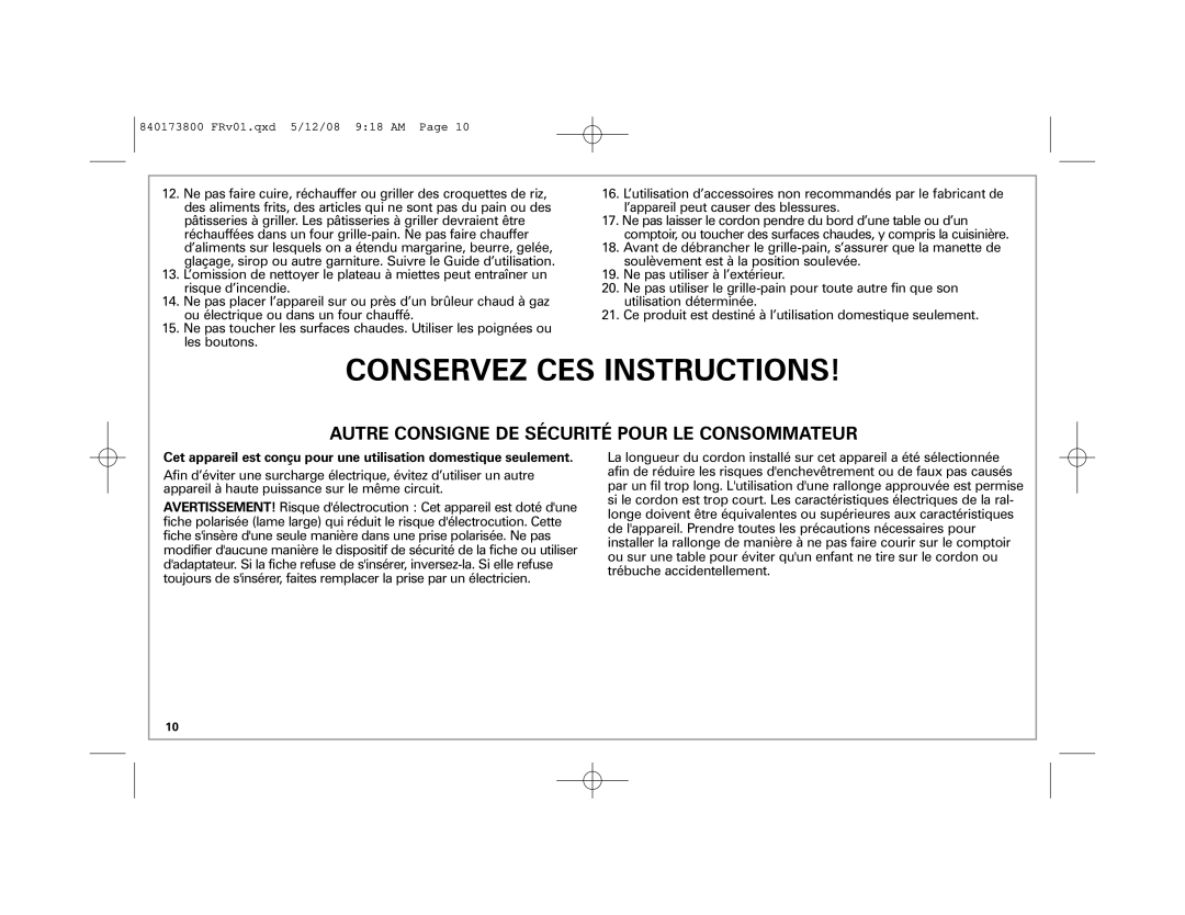 Hamilton Beach 22408 manual Conservez CES Instructions, Autre Consigne DE Sécurité Pour LE Consommateur 