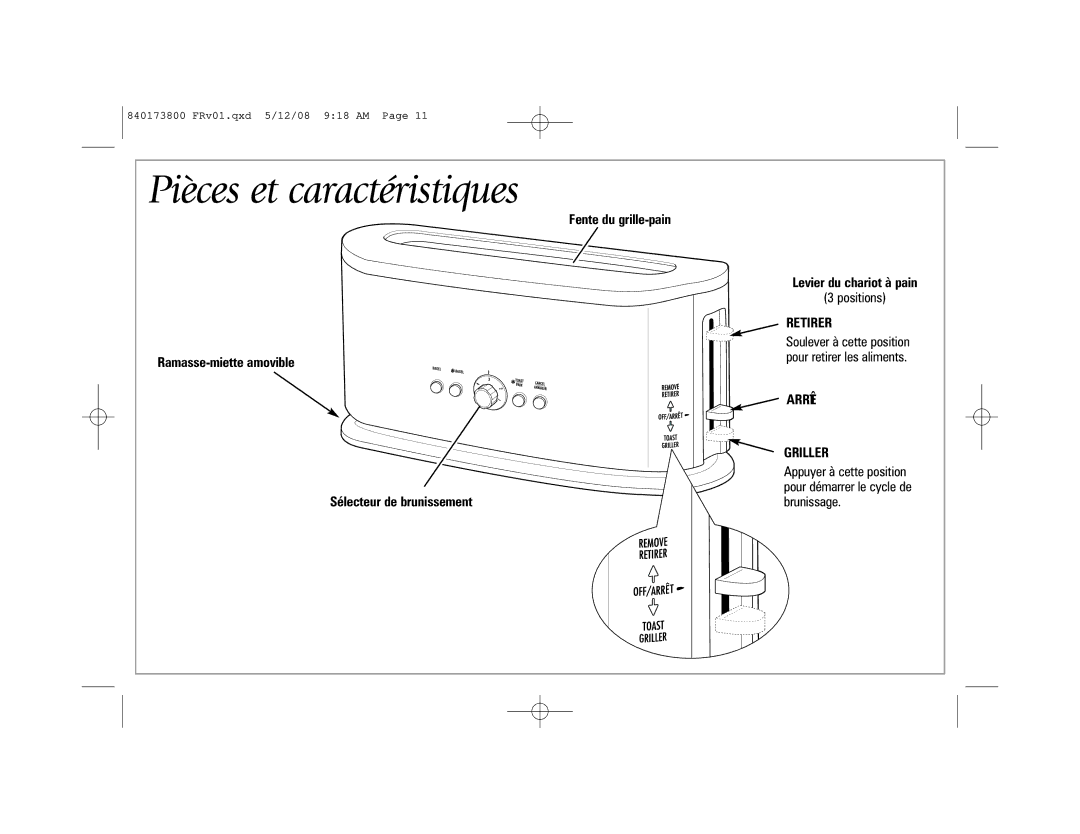 Hamilton Beach 22408 manual Pièces et caractéristiques, Retirer, Arrêt Griller 