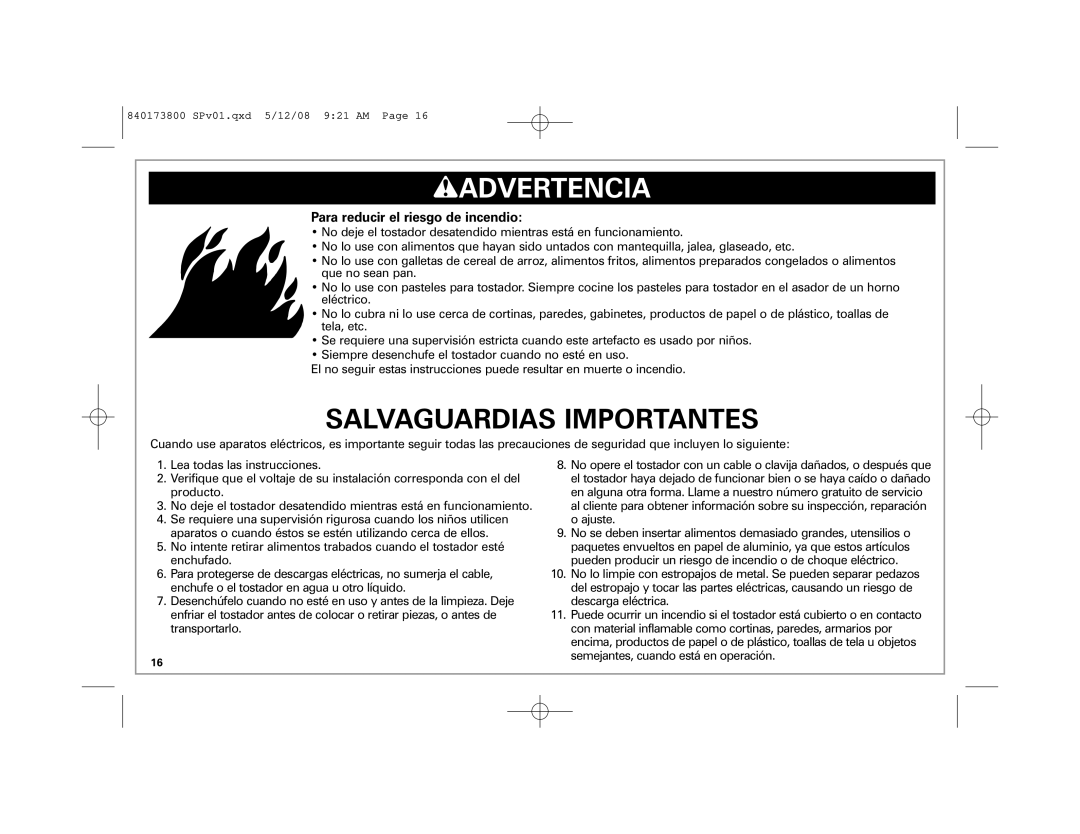 Hamilton Beach 22408 manual Salvaguardias Importantes, Para reducir el riesgo de incendio 