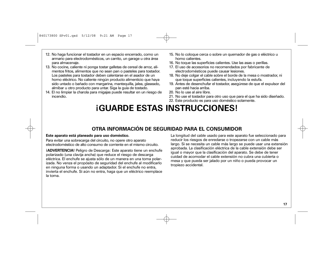 Hamilton Beach 22408 manual ¡GUARDE Estas Instrucciones, Otra Información DE Seguridad Para EL Consumidor 