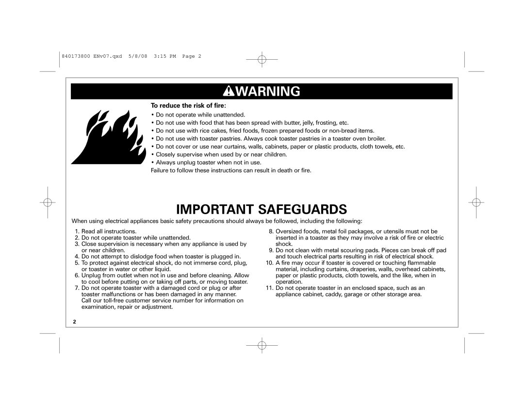 Hamilton Beach 22408 manual Important Safeguards, To reduce the risk of fire 