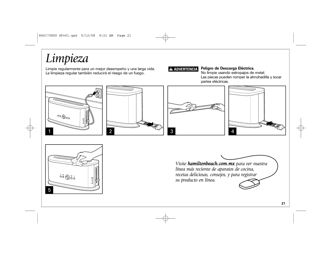 Hamilton Beach 22408 manual Limpieza, Advertencia Peligro de Descarga Eléctrica 