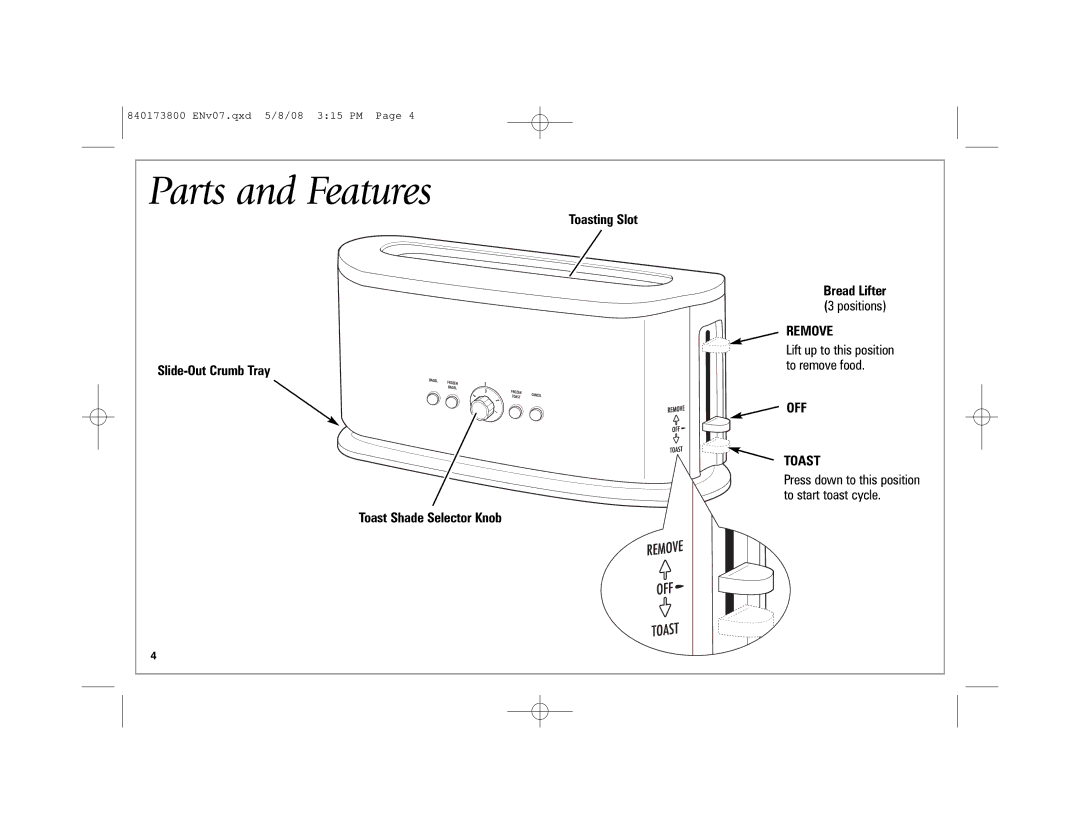 Hamilton Beach 22408 manual Parts and Features, Remove, OFF Toast 