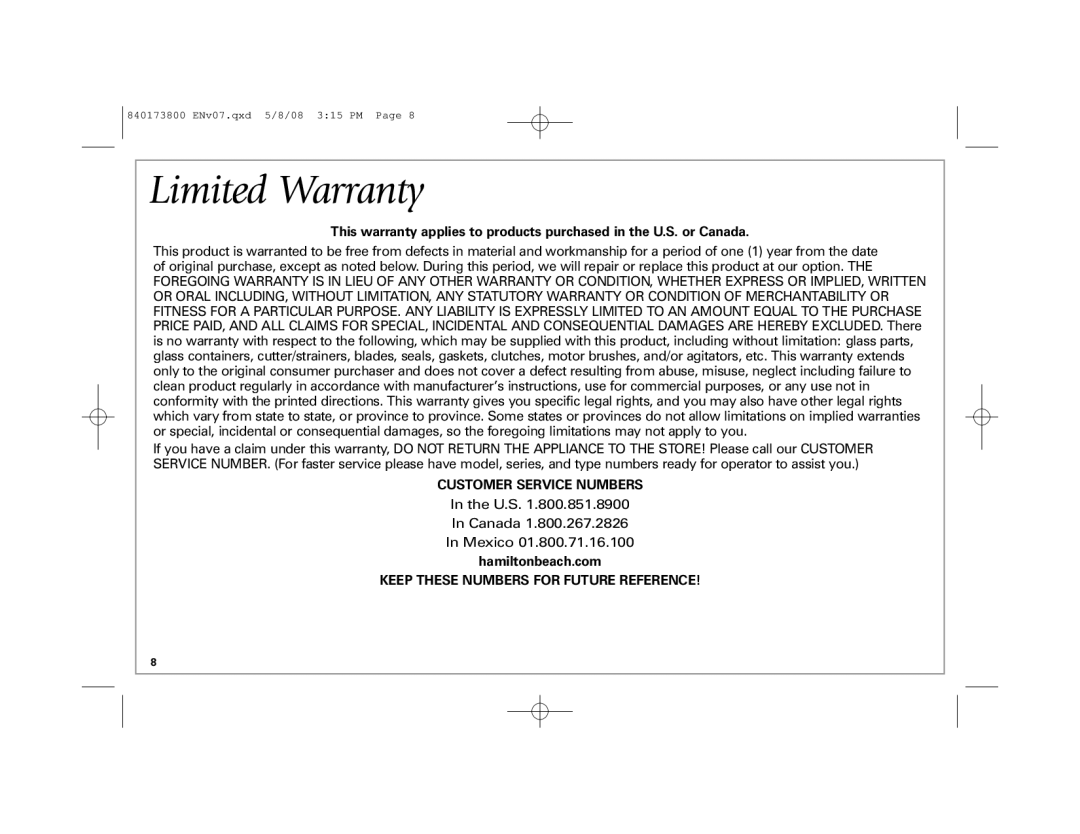 Hamilton Beach 22408 manual Limited Warranty, Customer Service Numbers, Hamiltonbeach.com 