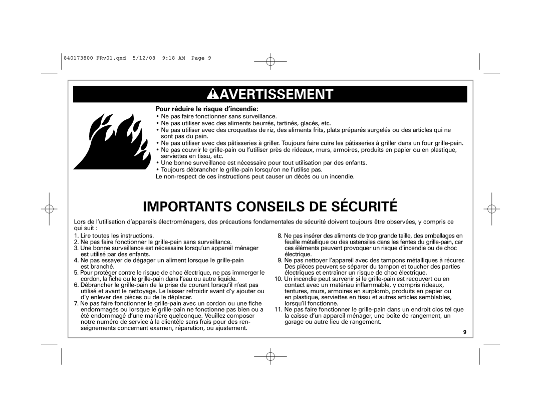 Hamilton Beach 22408 manual Importants Conseils DE Sécurité, Pour réduire le risque d’incendie 