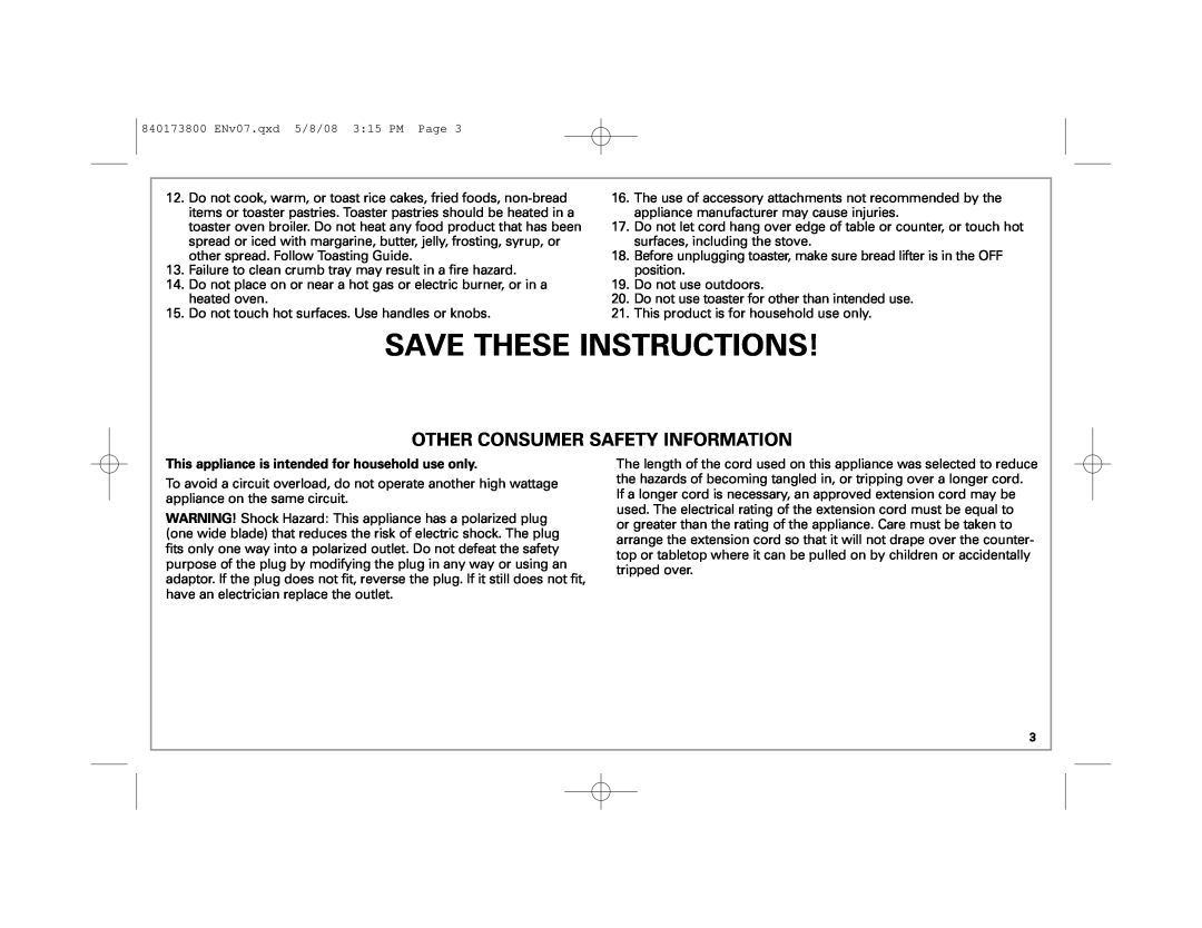 Hamilton Beach 22408 manual Save These Instructions, Other Consumer Safety Information 