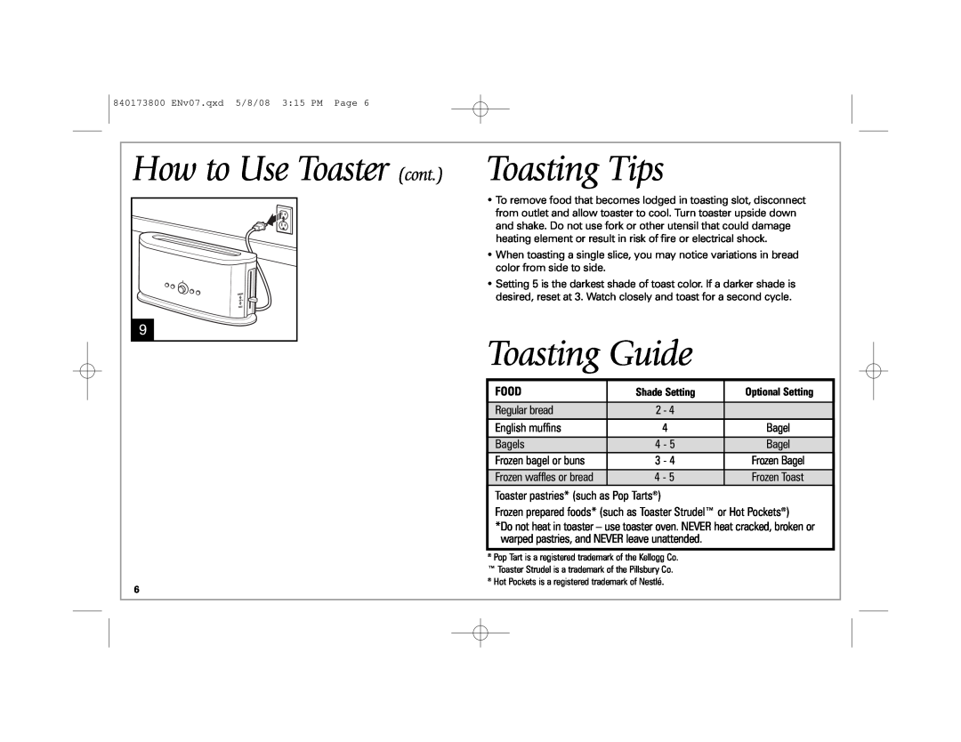 Hamilton Beach 22408 manual Toasting Tips, Toasting Guide, How to Use Toaster cont, Food 