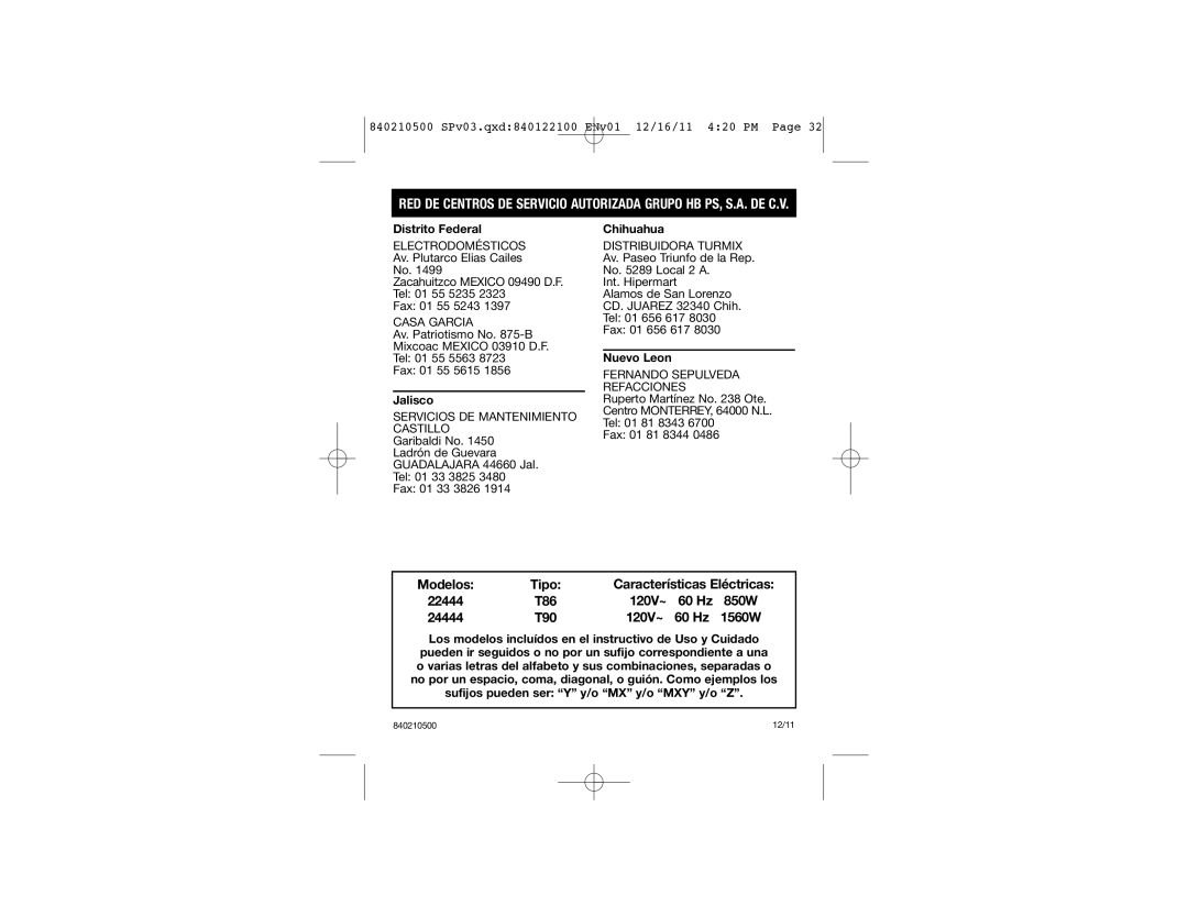 Hamilton Beach 22444 manual Tipo, 120V~ 60 Hz 