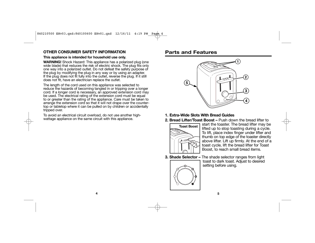 Hamilton Beach 22444 manual Parts and Features, Other Consumer Safety Information, Extra-Wide Slots With Bread Guides 