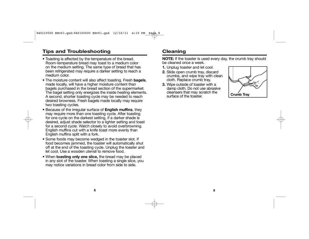 Hamilton Beach 22444 manual Tips and Troubleshooting Cleaning, Bagel setting only energizes the inside heating elements 