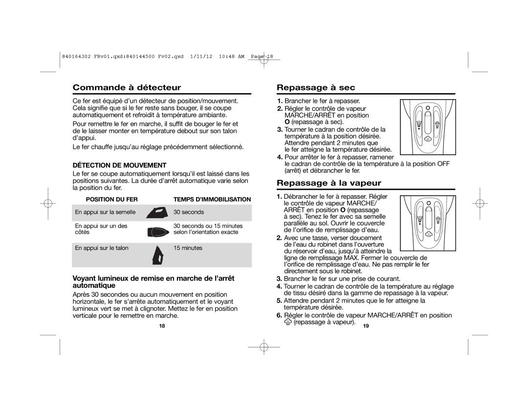 Hamilton Beach 22464 manual Commande à détecteur Repassage à sec, Repassage à la vapeur, Détection DE Mouvement 