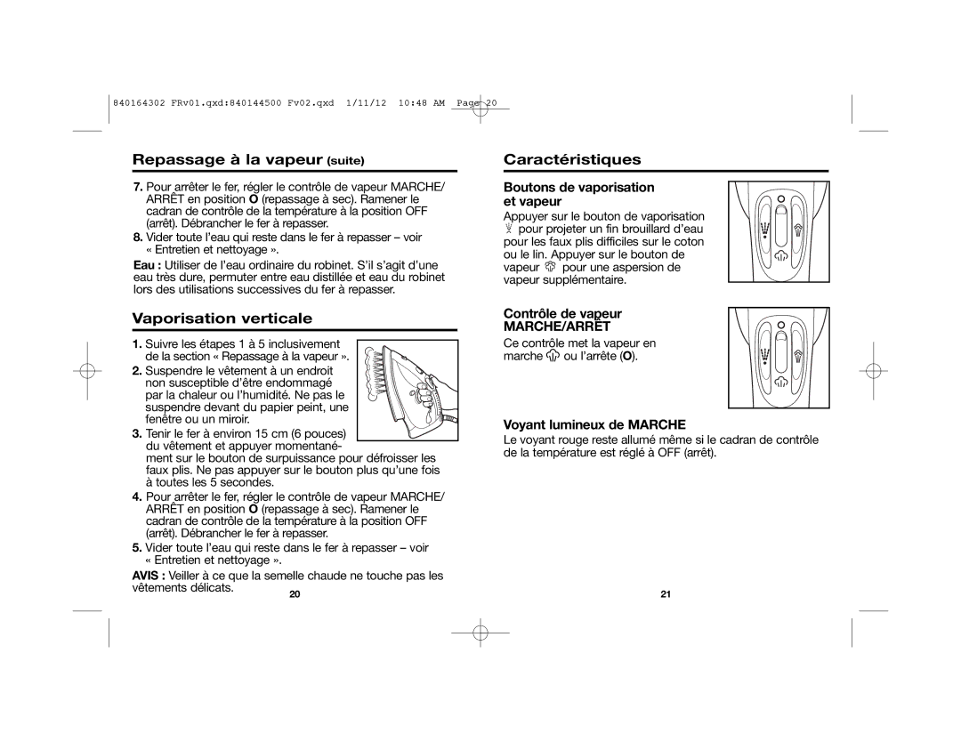 Hamilton Beach 22464 manual Repassage à la vapeur suite, Caractéristiques, Vaporisation verticale 