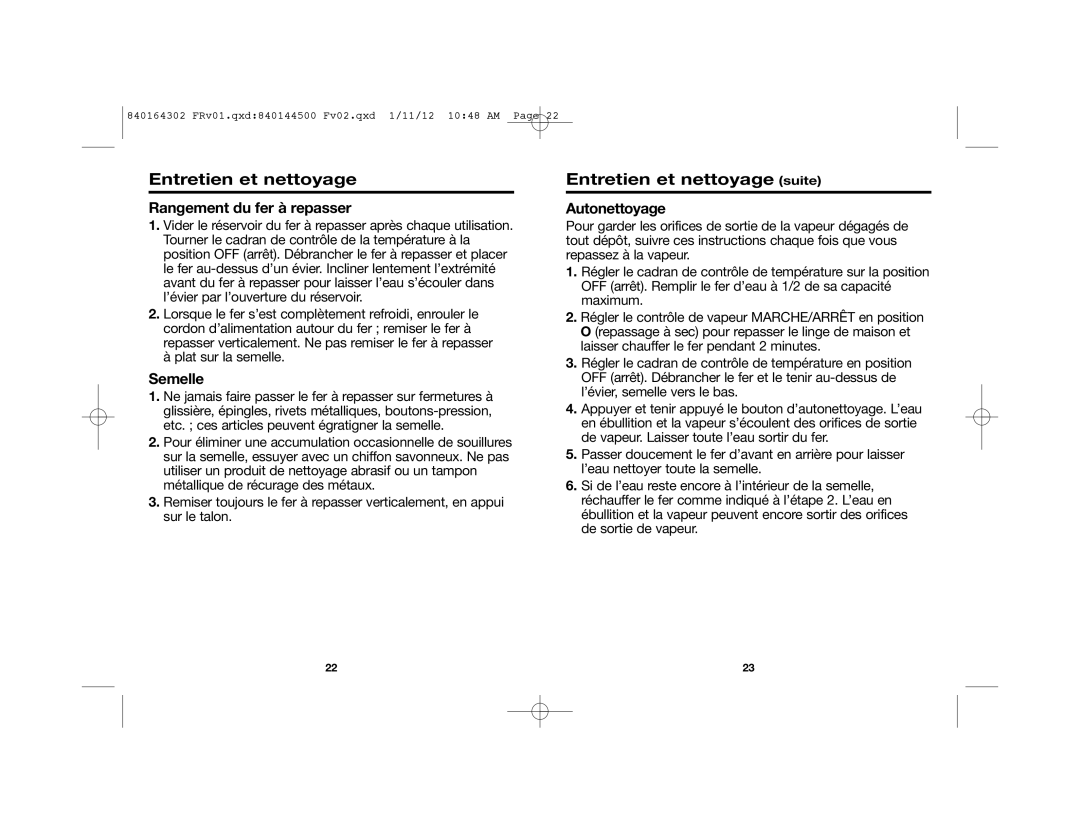 Hamilton Beach 22464 manual Entretien et nettoyage suite, Rangement du fer à repasser, Semelle, Autonettoyage 