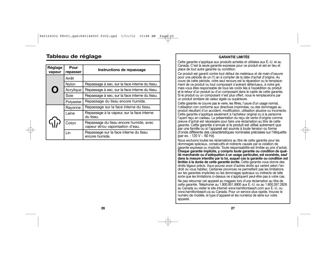 Hamilton Beach 22464 manual Tableau de réglage, Réglage Pour Instructions de repassage Vapeur Repasser 