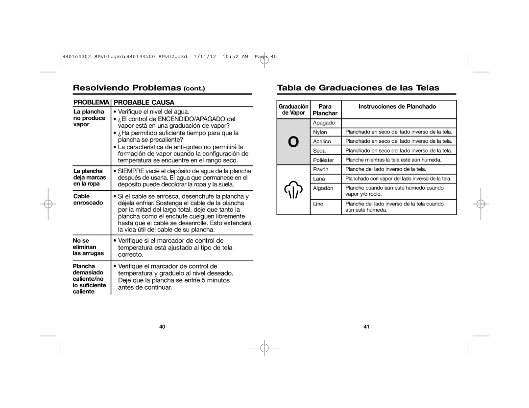 Hamilton Beach 22464 manual Tabla de Graduaciones de las Telas 