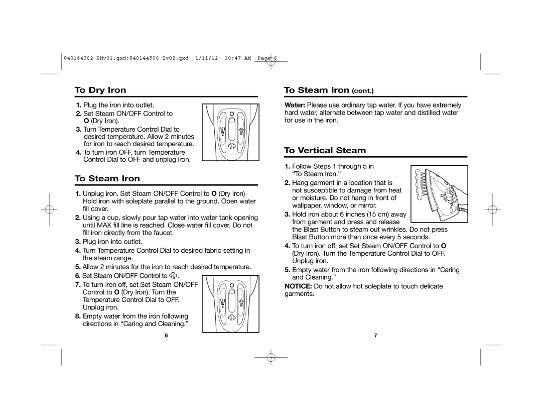 Hamilton Beach 22464 manual To Dry Iron, To Steam Iron, To Vertical Steam 