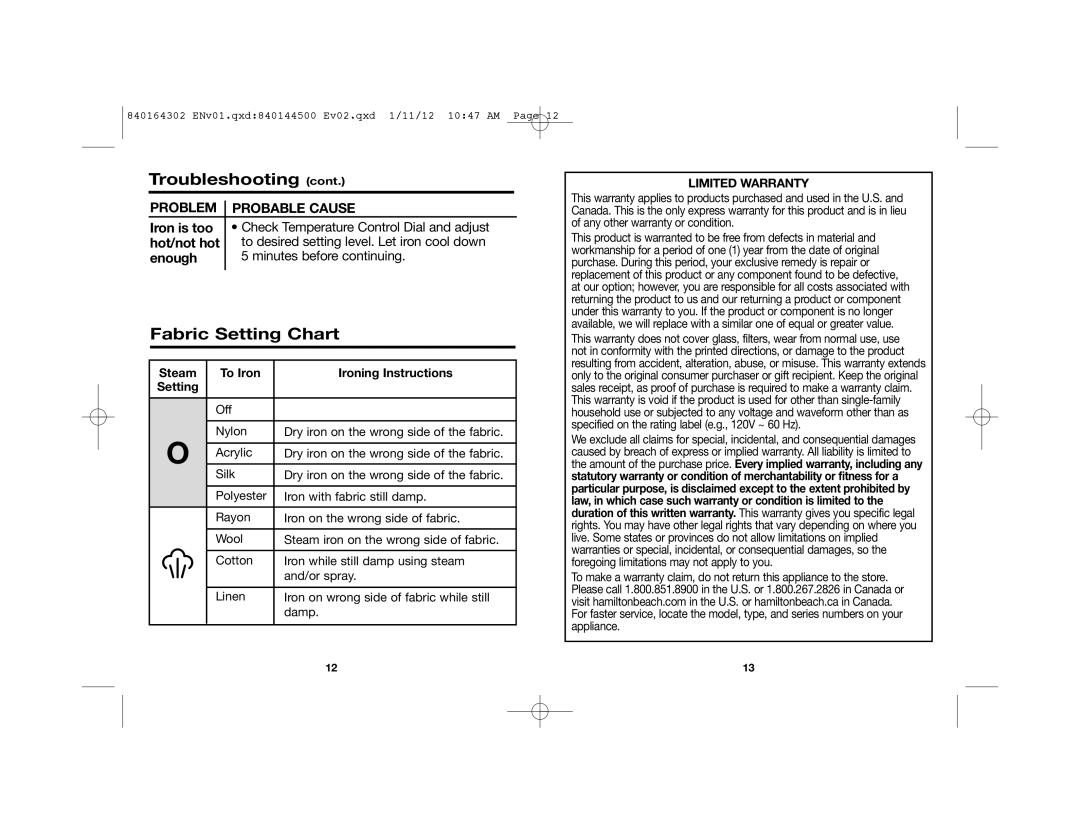 Hamilton Beach 22464 manual Fabric Setting Chart, Steam To Iron Ironing Instructions Setting 