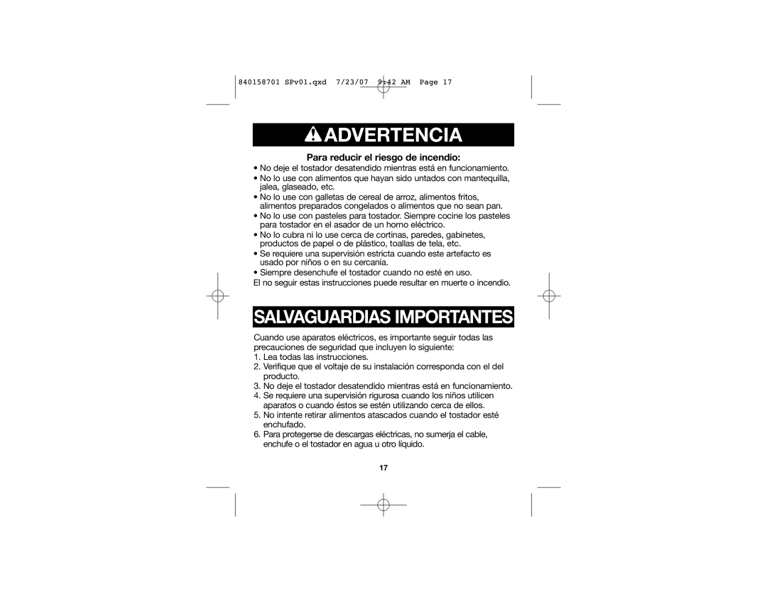 Hamilton Beach 22502 manual Advertencia, Para reducir el riesgo de incendio 