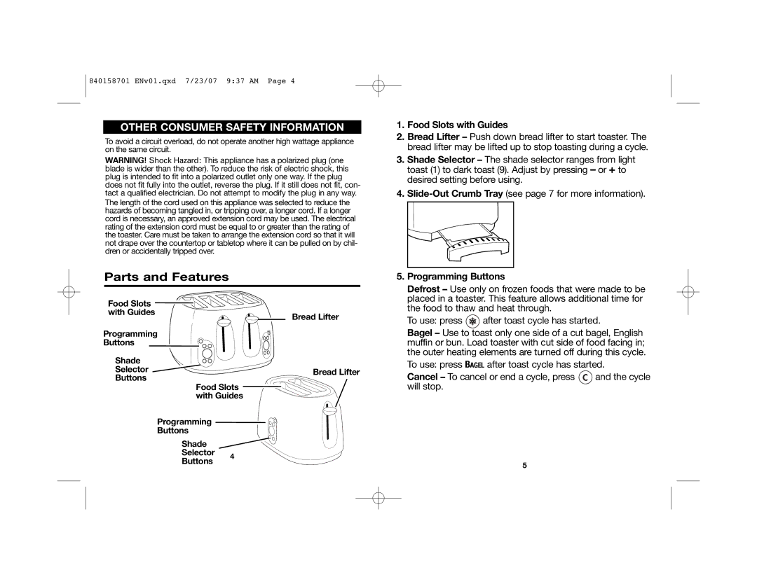 Hamilton Beach 22502 manual Parts and Features, Food Slots with Guides, Programming Buttons 