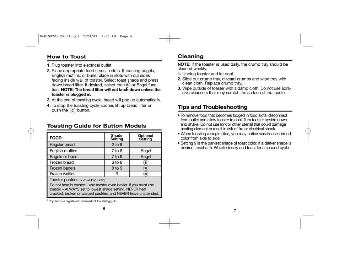 Hamilton Beach 22502 manual How to Toast, Toasting Guide for Button Models, Cleaning, Tips and Troubleshooting 