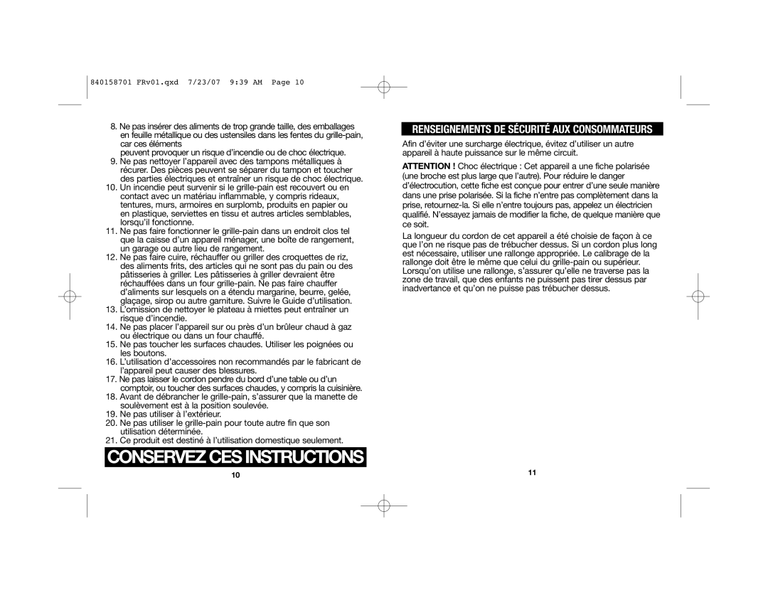 Hamilton Beach 22502 manual Conservez CES Instructions 