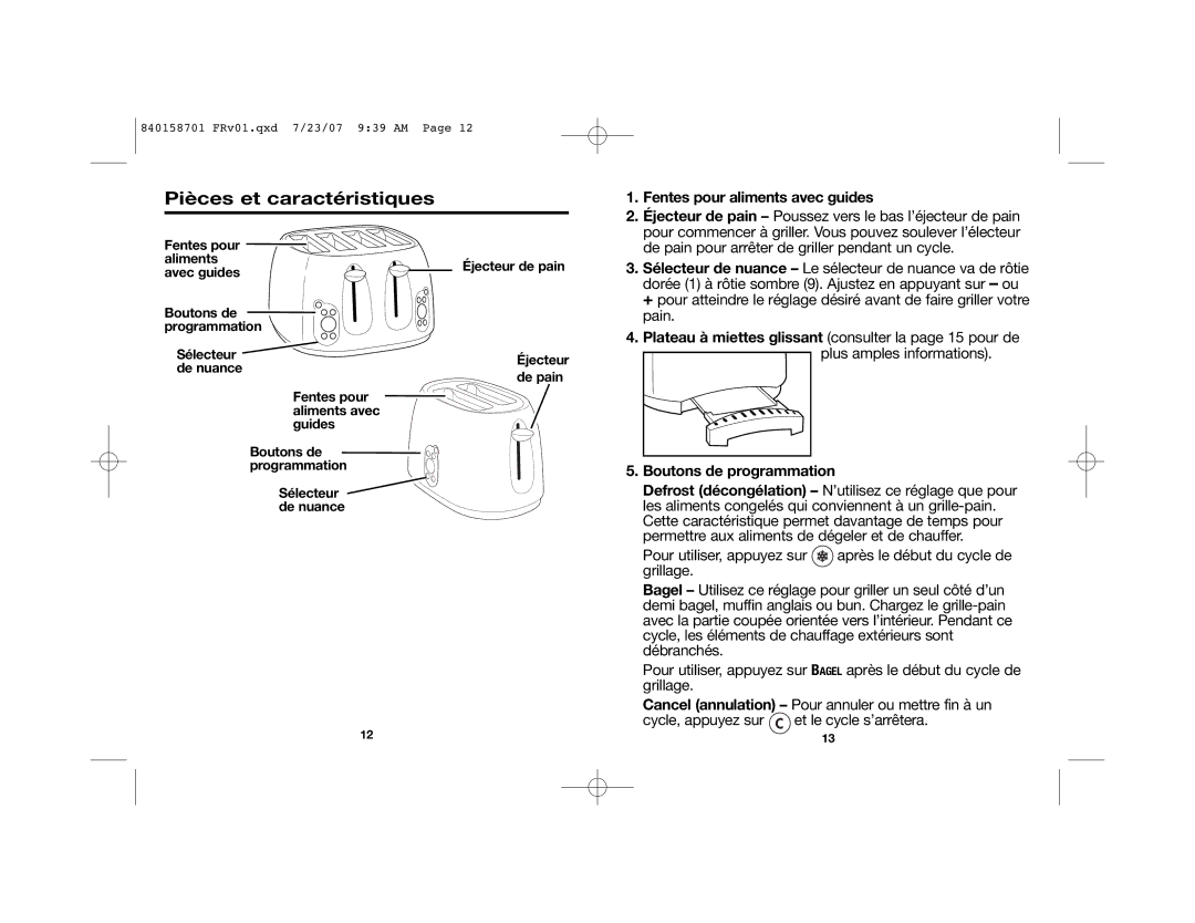 Hamilton Beach 22502 manual Pièces et caractéristiques, Fentes pour aliments avec guides 