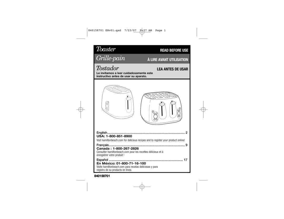 Hamilton Beach 22502 manual Read Before Use, Usa, Toaster Grille-pain, Tostador, Canada, En México, Français, Español 