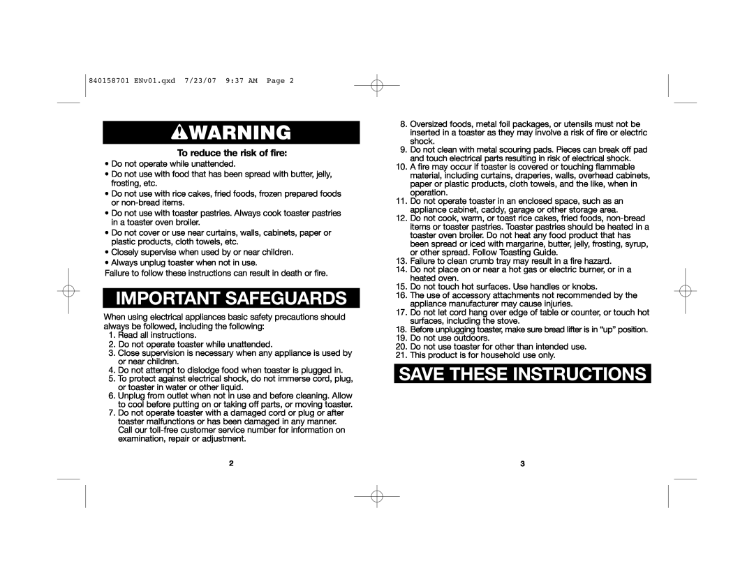 Hamilton Beach 22502 manual wWARNING, Important Safeguards, Save These Instructions, To reduce the risk of fire 