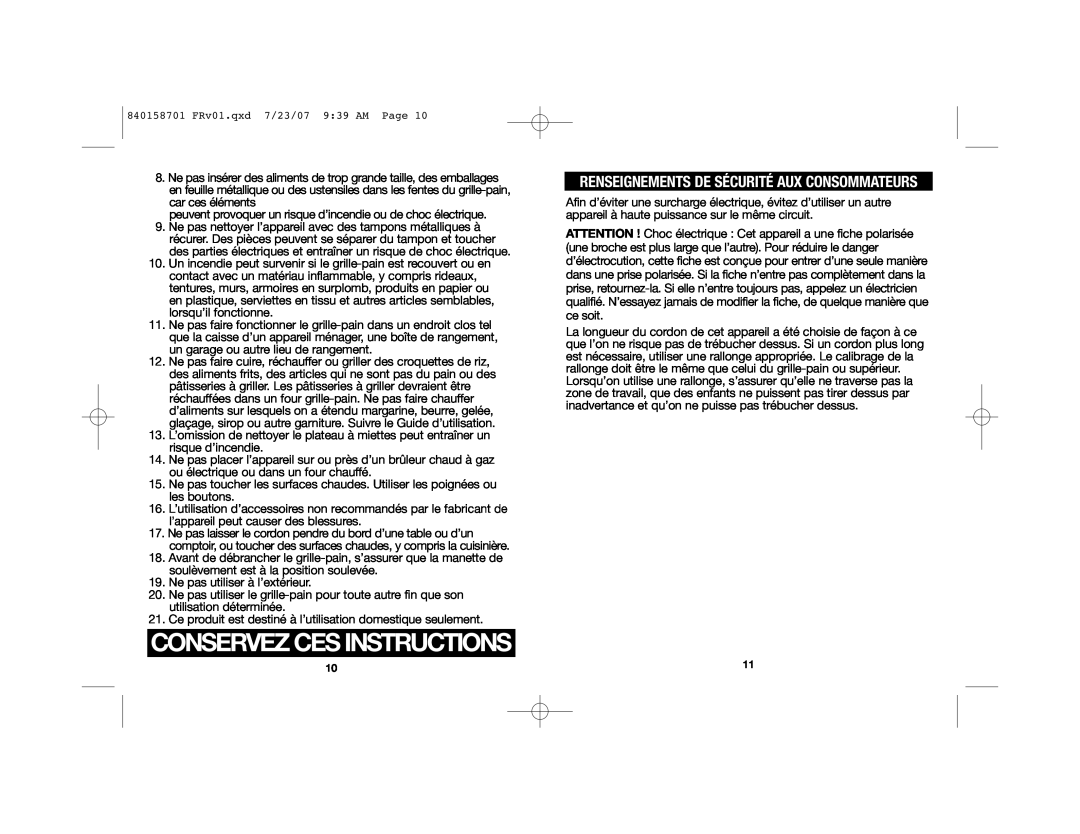 Hamilton Beach 22502 manual Conservez Ces Instructions, Renseignements De Sécurité Aux Consommateurs 