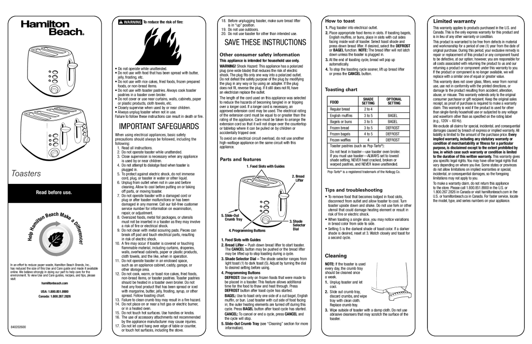 Hamilton Beach 22524E warranty Other consumer safety information, Parts and features, How to toast, Toasting chart 