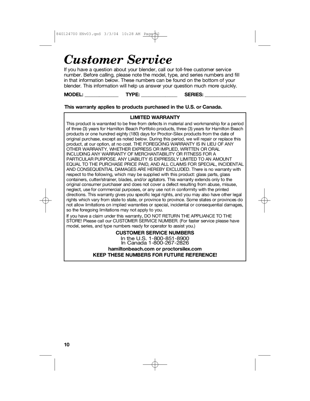 Hamilton Beach 2254 manual Customer Service, Limited Warranty 